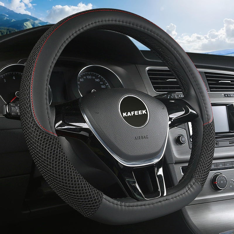 KAFEEK D Shape Steering Wheel Cover, Universal 15 inch, Microfiber Leather Viscose, Breathable, Anti-Slip,Warm in Winter and Cool in Summer, Black - Image 1
